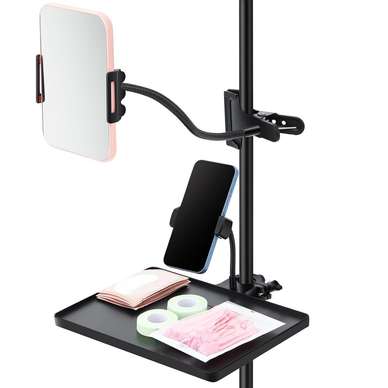 Adjustable Lash Tray Holder for Ring Light - 10.6" x 8" Organizer with Phone Holder & Makeup Mirror | Eyelash Extensions Supplies