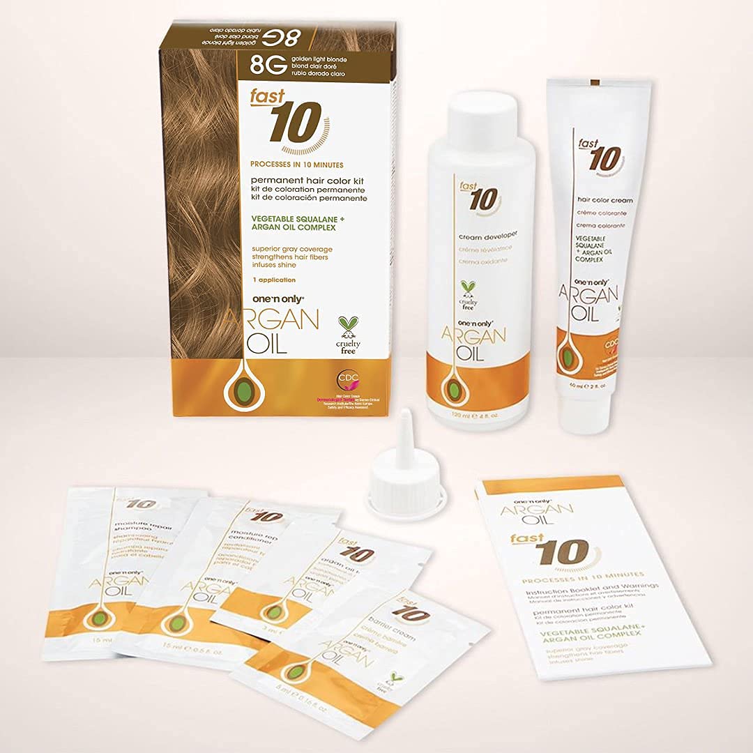 One 'N Only Fast 10 Permanent Hair Color Kit - Hair Dye for Women with Argan Oil to Maintain Moisture Balance - Advanced Micro-Pigments for Natural Tones (8G Golden Light Blonde)