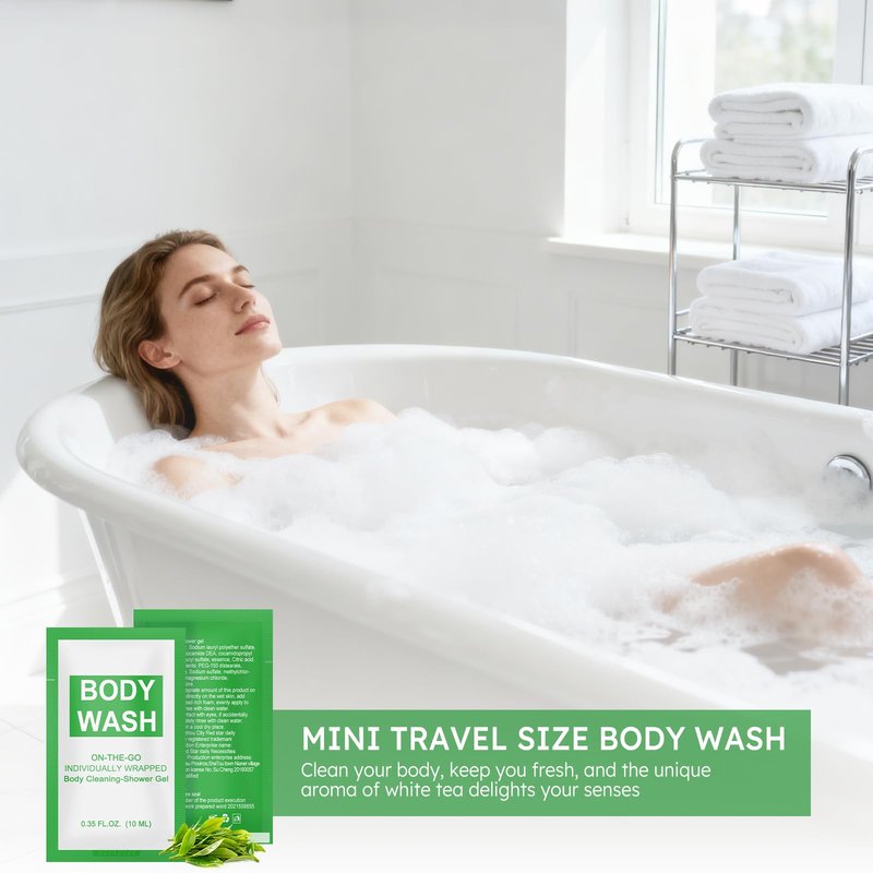 FAOEHN Travel Size Body Wash Packet Bulk Pack of 200,Individually Wrapped 0.35 fl oz(10 ml) Disposable Small Mini Bath Shower Gel Toiletries Supplies for Hotel,Guests,Homeless,Charity,Gym