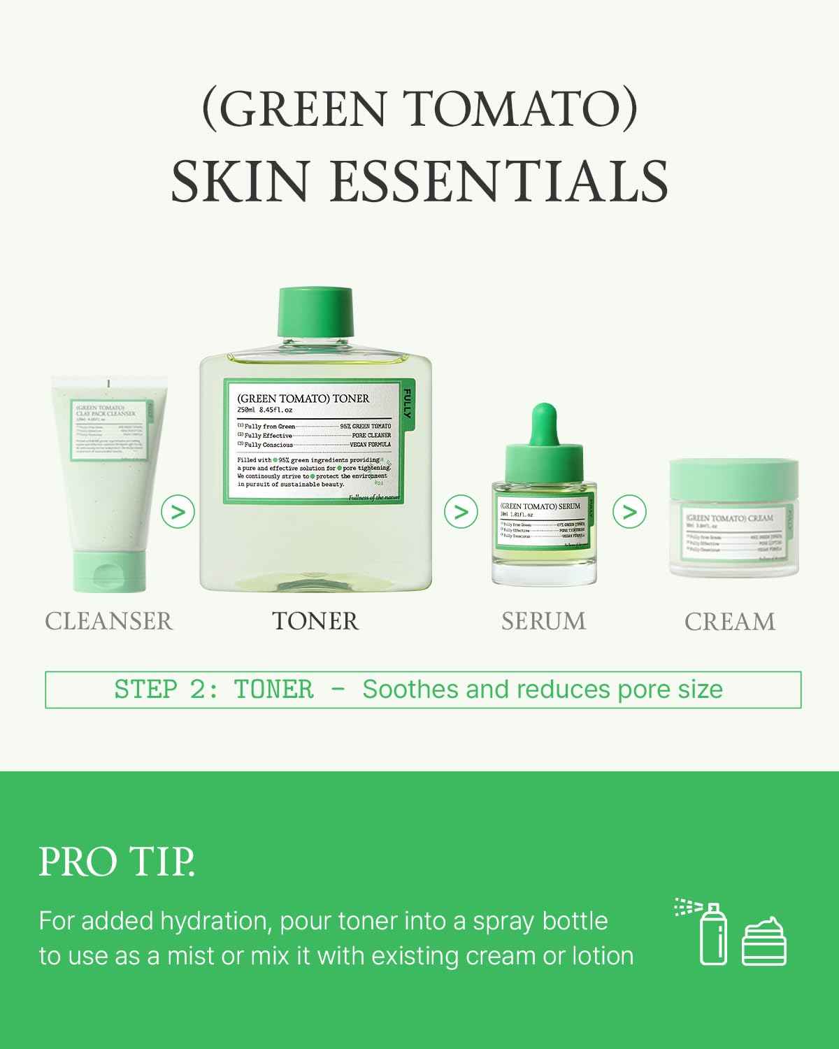 FULLY Green Tomato Toner, Pore Tightening with 95% Green Tomato Extract and VIT C, Skin Soothing and Hydrating, Fragrance Free, Vegan & Dermatologically Tested, 8.45 fl.oz