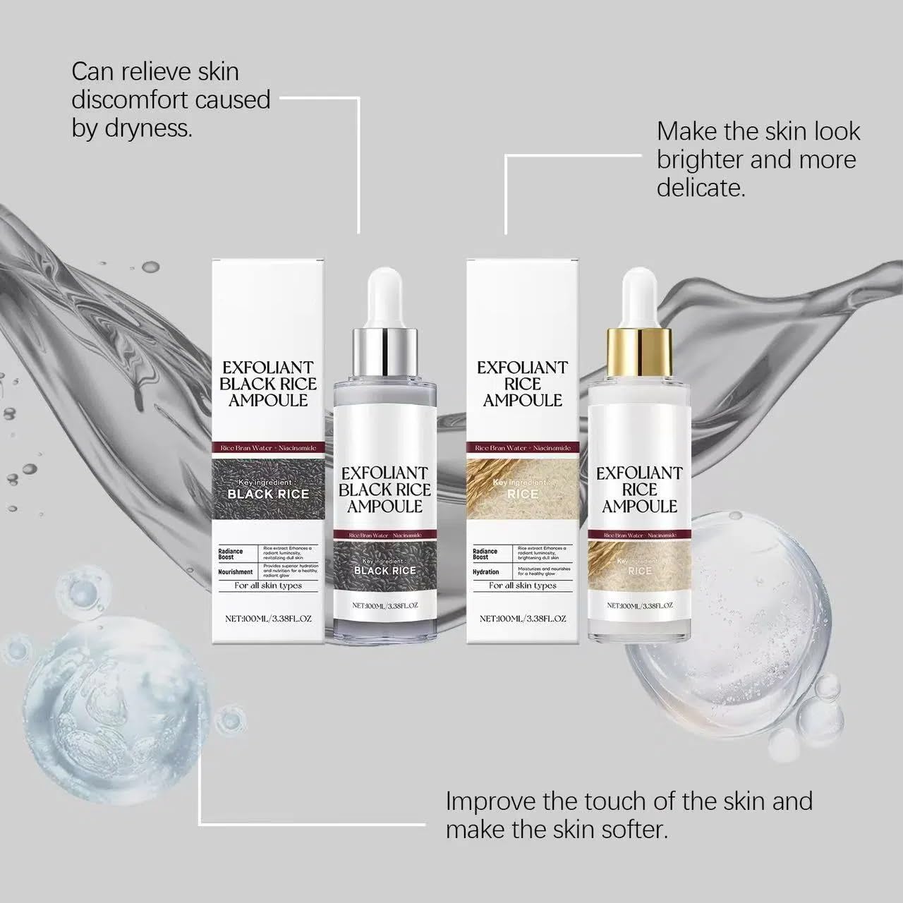 BEBIR Peel Shot Glow Rice Ampoule Duo–2 PCS White & Black Rice Facial Serum Lightweight Hydrating Formula for All Skin Facial Exfoliator Pore Refining Dead Skin Cells Remover