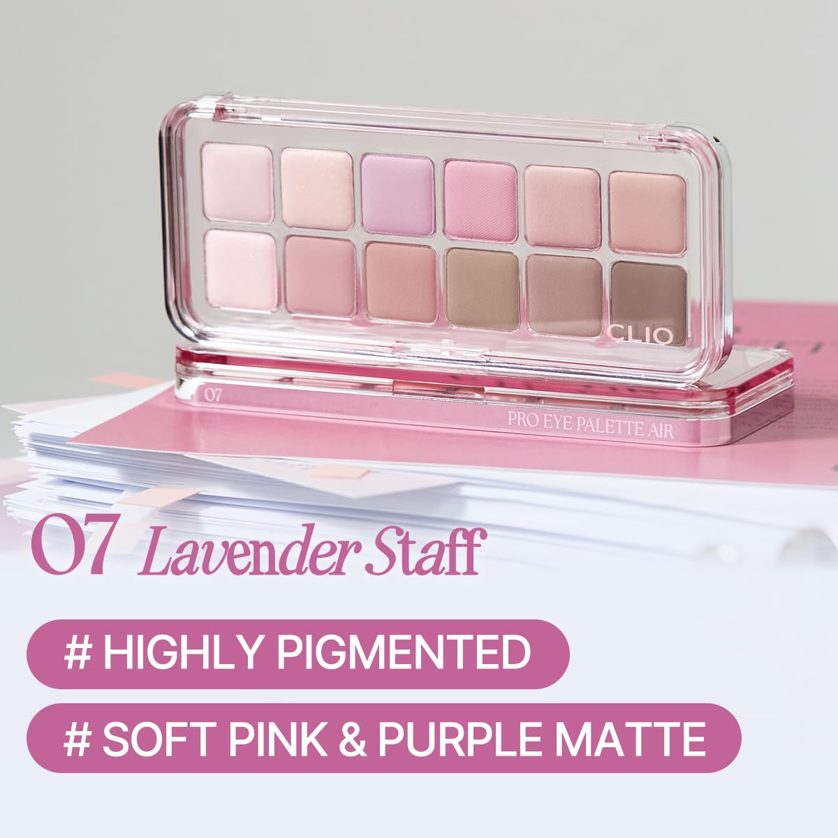 CLIO Pro Eye Palette Air, 12-Color Eye Shadow Palette, Matte Shimmer Mix, Air-Fit Blendable Pigmented Buildable Color, Low Fallout, Cool Mauve Neutral Tone, Daily Korean Makeup (07 LAVENDER STAFF)