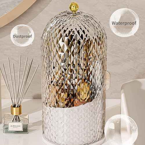 Makeup Brush Holder Organizer with 360¡Æ Rotating Lid Dustproof Makeup Brushes Organizer for Vanity Desktop Bathroom Countertop Clear Cover Easy Visibility (Black)