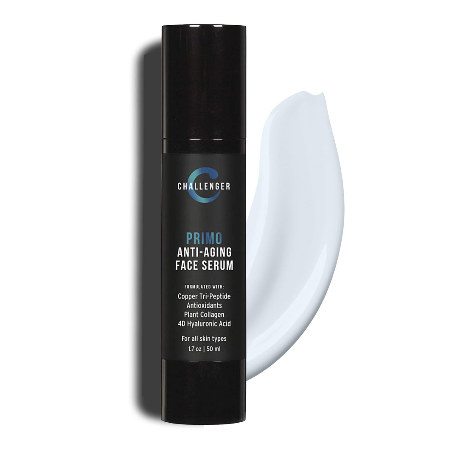 Challenger Primo Anti-Aging Face Serum Skin Care | Reduce Age Spots, Deep Wrinkles | Clean Dispensing Airless Pump | Premium Copper Tri-Peptide Formula w/ 4D Hyaluronic Acid | 1.7oz