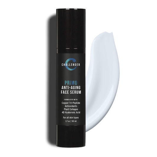 Challenger Primo Anti-Aging Face Serum Skin Care | Reduce Age Spots, Deep Wrinkles | Clean Dispensing Airless Pump | Premium Copper Tri-Peptide Formula w/ 4D Hyaluronic Acid | 1.7oz