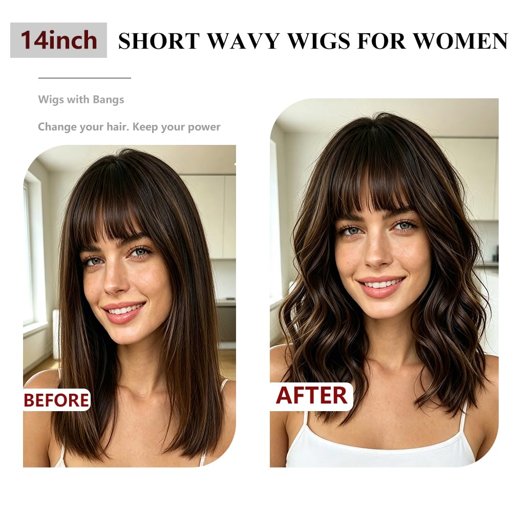 Brown Highlights Blonde Wig with Bangs for Women,14 Inch Wavy Bob Hair
