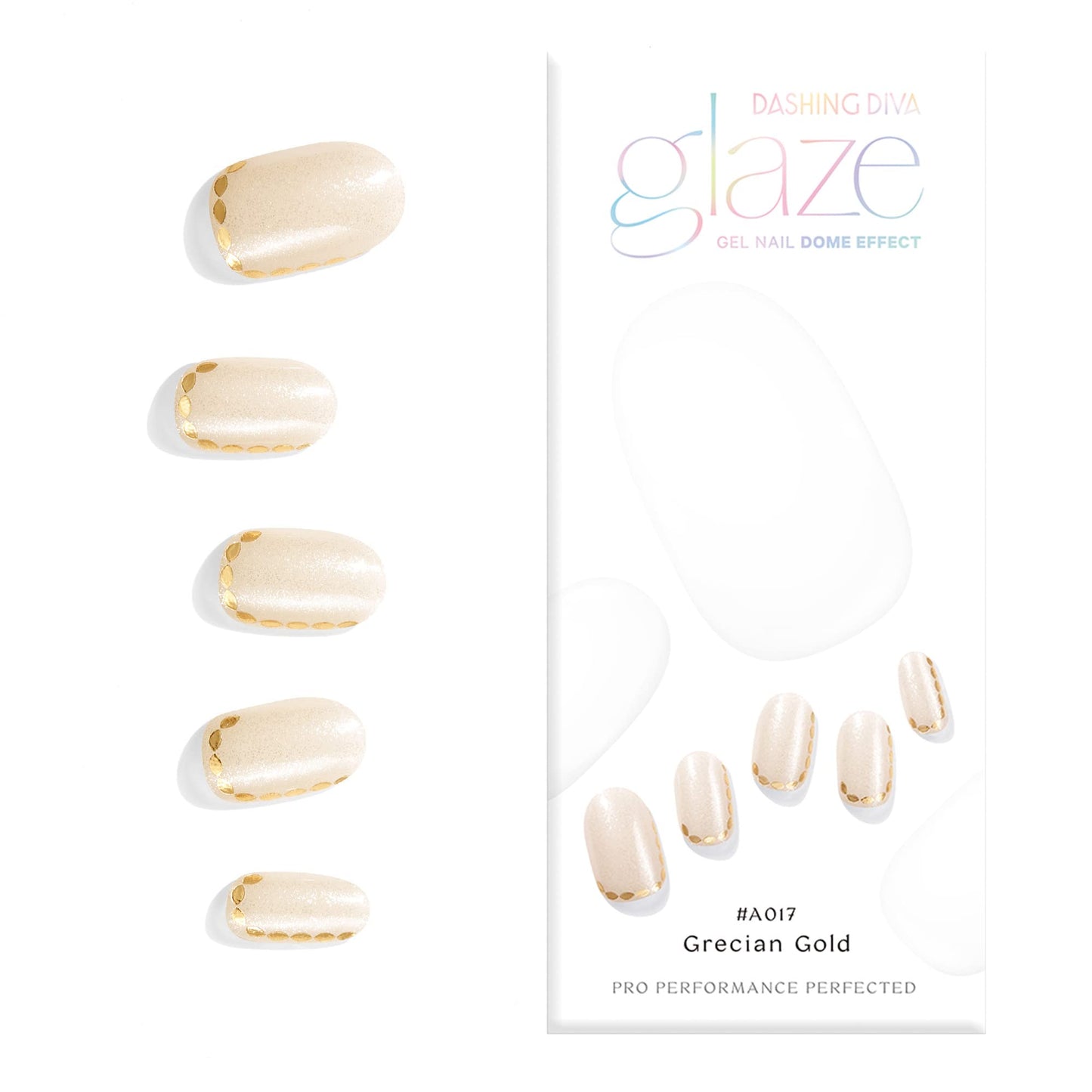 Dashing Diva Glaze Nail Strips - Grecian Gold | Works with Any LED Nail Lamp | Long Lasting, Chip Resistant, Semicured Gel Nail Strips | Contains 34 Salon Quality Gold Accent Nail Wraps, 1 Prep Pad, 1 Nail File
