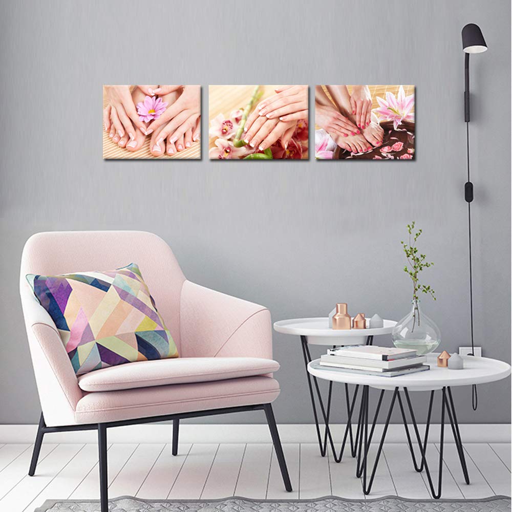 iKNOW FOTO Canvas Set of 3 Wall Art Manicure Painting Hands Foot Bath Massage Spa Still Life with Flowers Pictures Nails Beauty Salon Posters Printed Giclee Print Gallery Wrap for Walls