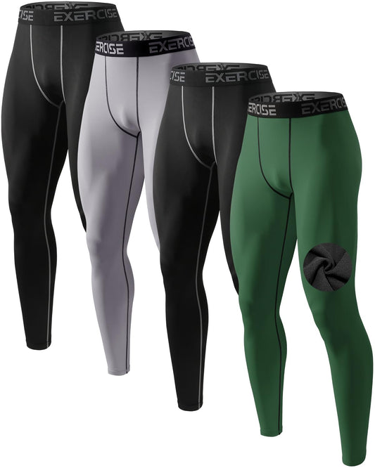 ATTIQOZI 5 or 4 Pack Men’s Thermal Compression Fleece Lined Pants Athletic Leggings Baselayer Cold Weather Workout Sports Running Tights Bl/Gr/Bl/Deep Green XL