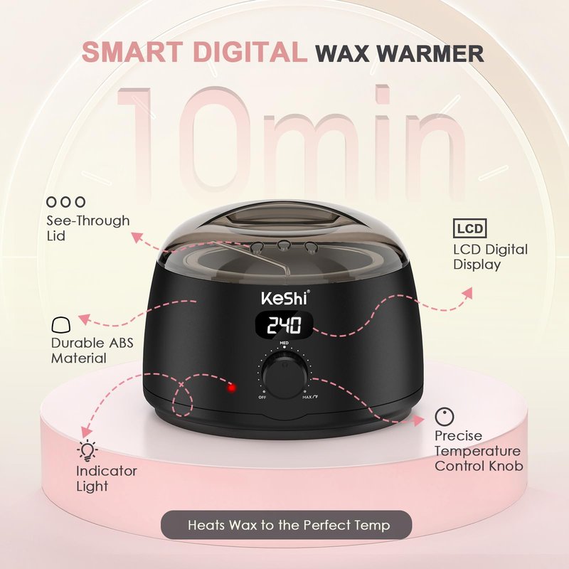 KeShi Waxing Kit for Women and Men, Digital Wax Warmer with 6 Bags Hard Wax Beads, at-Home Hair Removal Wax Kit for Full Body, Face, Eyebrow, Bikini, Legs, Brazilian Sensitive Skin