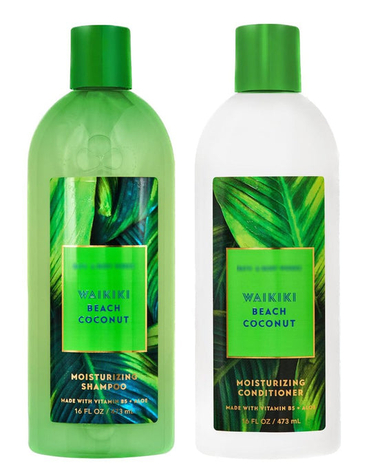 Bath and Body Waikiki Beach Coconut Shampoo and Waikiki Coconut Conditioner - Pair of 2 bottles, 16 oz ea - Cleansing, Hydrating Shampoo w/Detangling, Moisturizing Conditioner for Shower + Hair