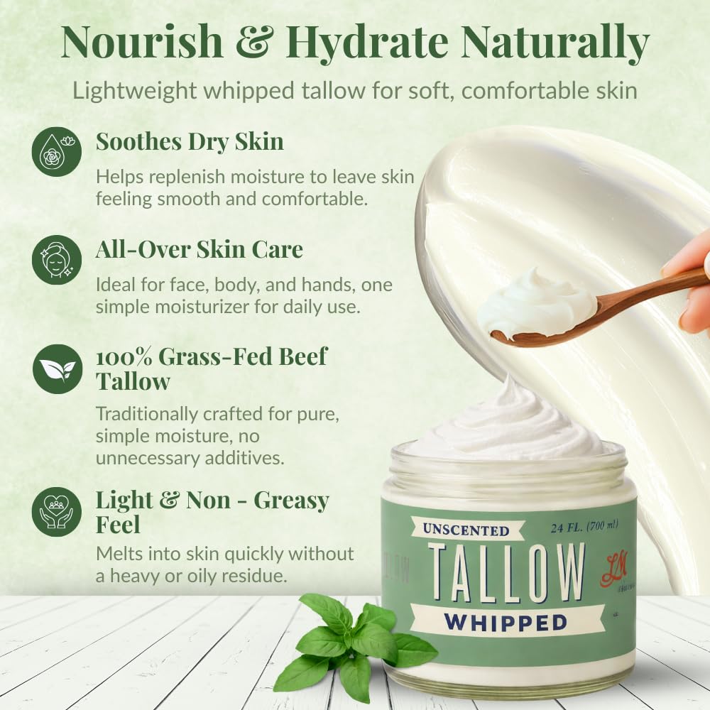 Whipped Tallow Face Cream | All-Natural Body Moisturizer for Dry Skin - 24oz, Unscented, USA Made