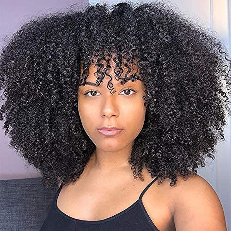 Afro Kinky Curly Wig With Bangs Full Machine Made Scalp Top Wig 200 Density Brazilian Short Curly Human Hair Wigs Natural Color 14 Inch