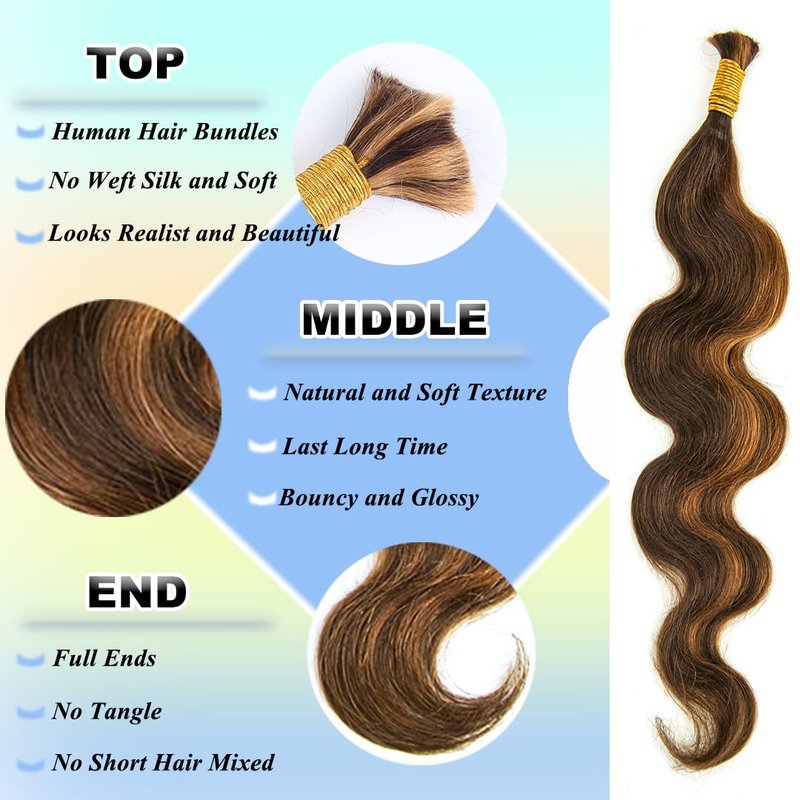 YWIGS Body Wave Bulk Human Hair for Braiding Human Braiding Hair for Boho Braids 50G No Weft Virgin Human Hair #4/30 18inch