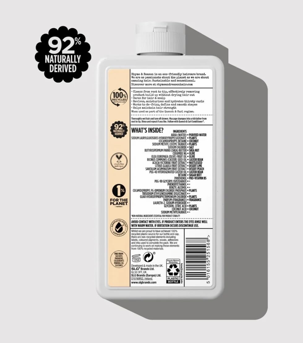 Rhyme & Reason Quench and Curl Shampoo & Conditioner Set. 13 Fl Oz Each Bottle. For Curly, Coily, Textured Hair. Blended with Shea Butter, Desert Peach Ceramides. Vegan, Sulfate Cruelty Free., Clear