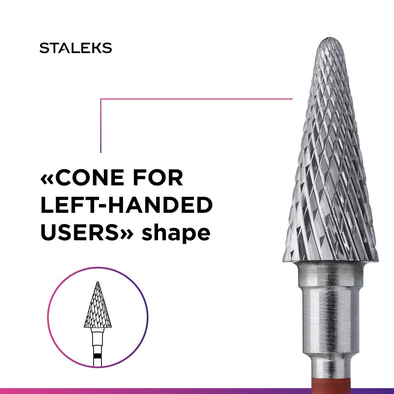 STALEKS PRO Expert Carbide Nail Drill Bit (Cone, Red, 6mm Head / 14mm WP) – for Left-Handed Users – Soft Hardness for Artificial Nail Correction & Skin Processing in Hardware Manicure/Pedicure