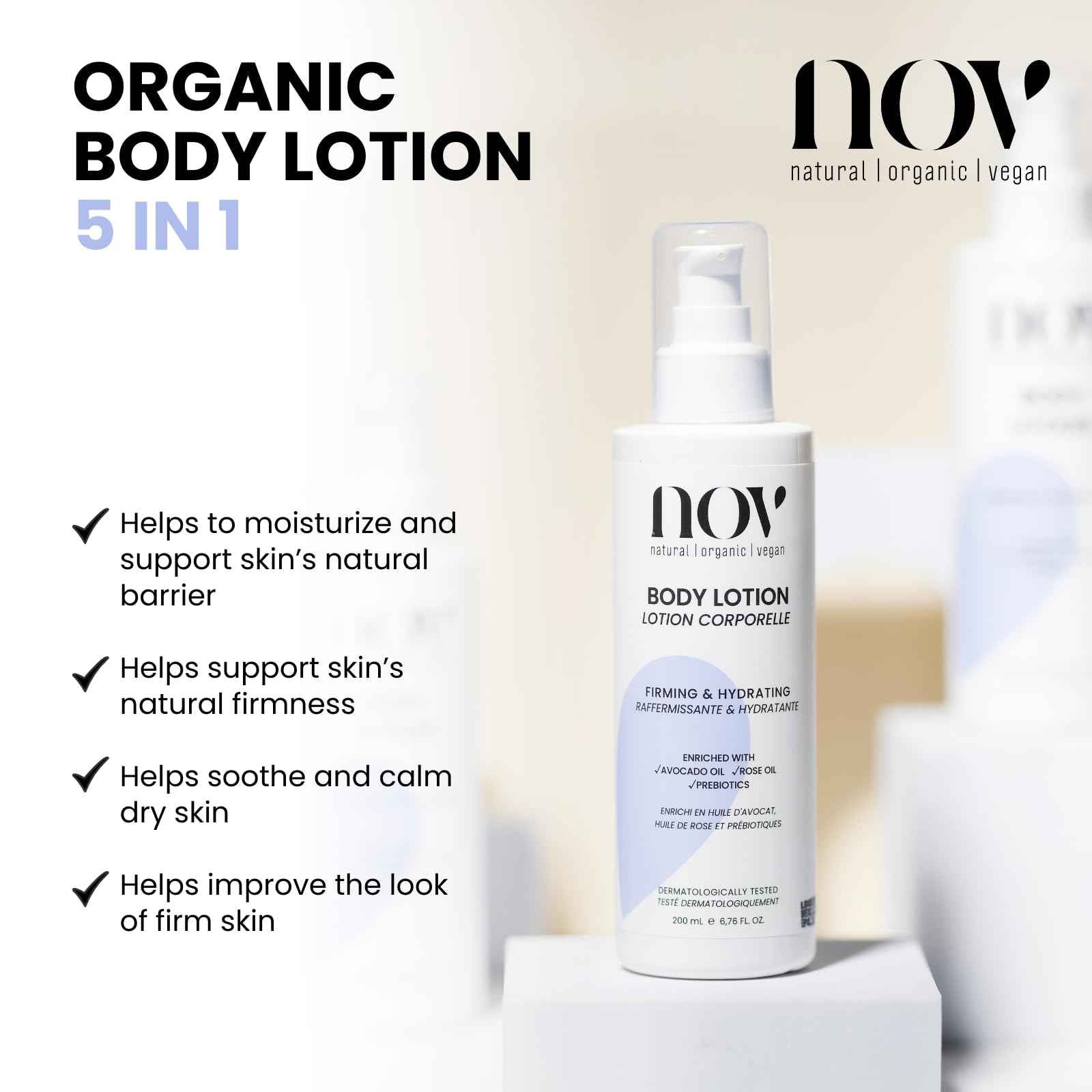 NOV natural organic vegan Firming and Hydrating Body Lotion - Moisturizer, Nourishing, Prebiotics, Scratch Marks, Skin Elasticity, Supports Collagen | Good for Eczema and Dry Skin, 6.76 Fl Oz