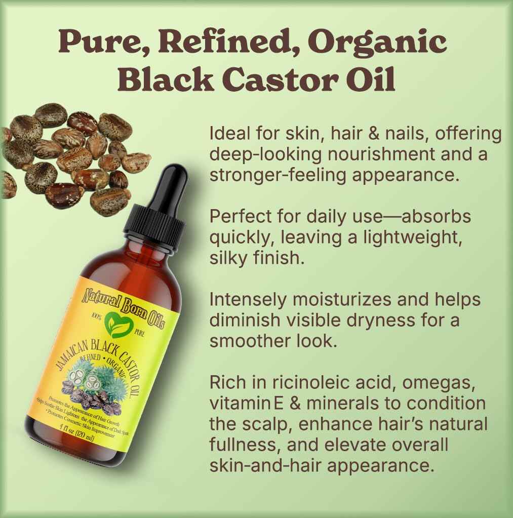 Natural Born Oils Jamaican Black Castor Oil, 16oz, Organic, Cold-Pressed, Fatty Acids, Deep Hydration for Skin, Hair Restoration