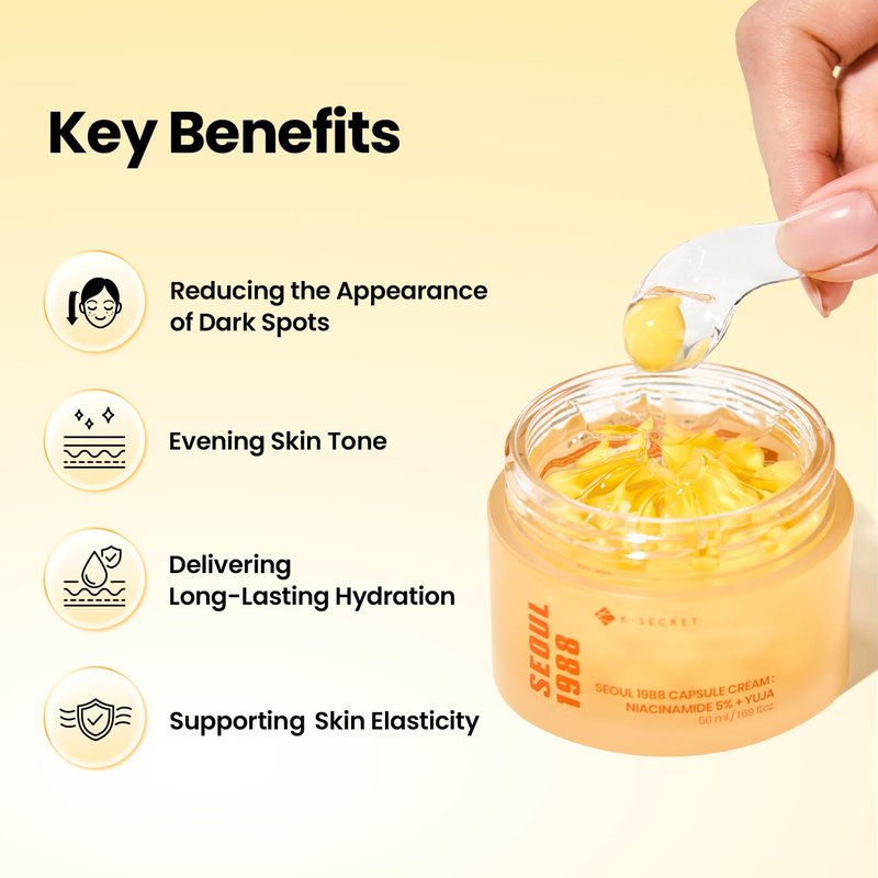 K-SECRET SEOUL 1988 Niacinamide Capsule Cream – Hydrating Face Moisturizer with 5% Niacinamide and Yuja | Vitamin C Capsule Cream for Dark Spots, Uneven Skin Tone | Korean Skincare, 50ml / 1.69 fl oz