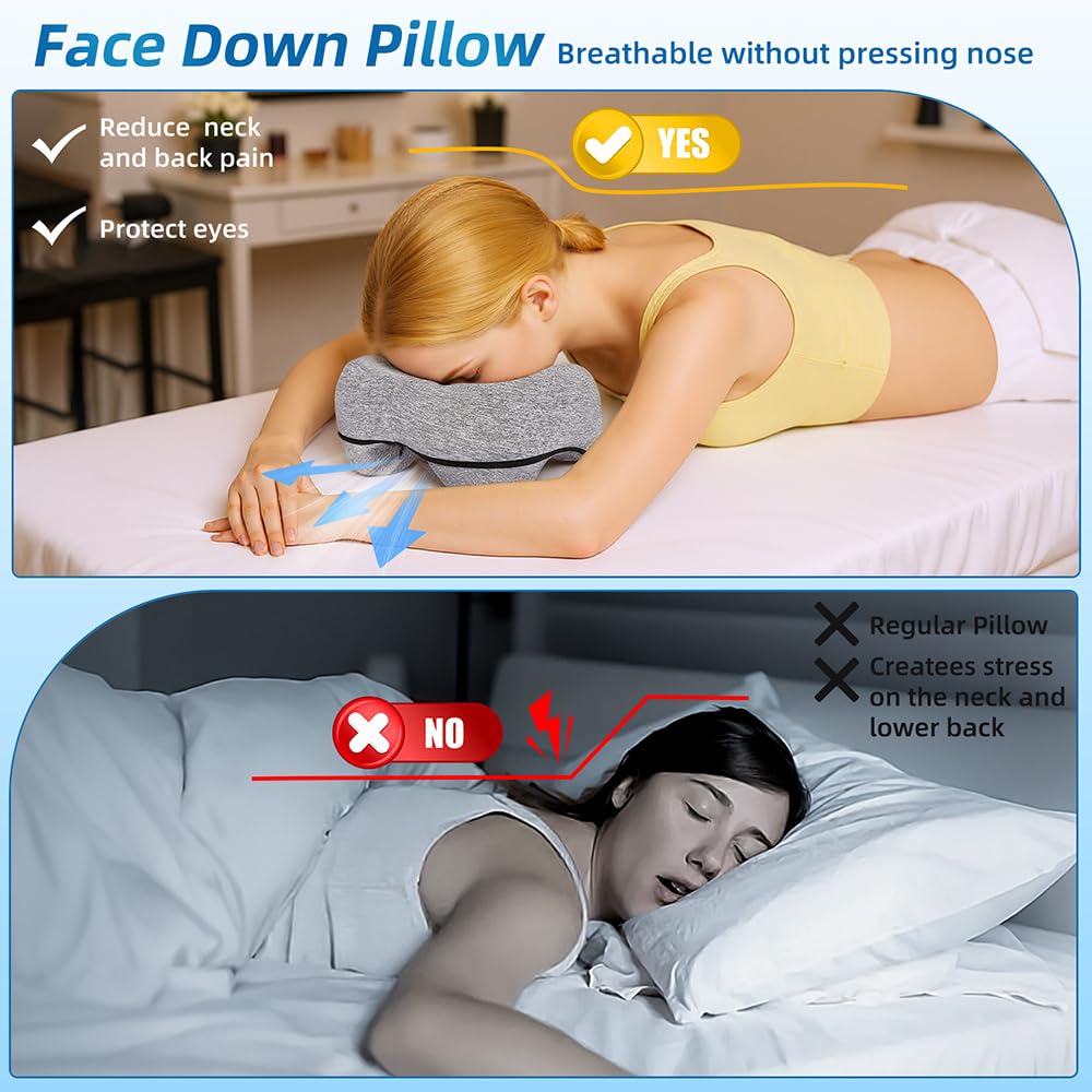 YOSHIKO Massage Table Face Down Pillows for Bed, Massage Headrest for Face Down Sleepers, Eye Surgery Recovery, Spa Pillow for Massage Table with Breathable Design, Removable Cover Grey