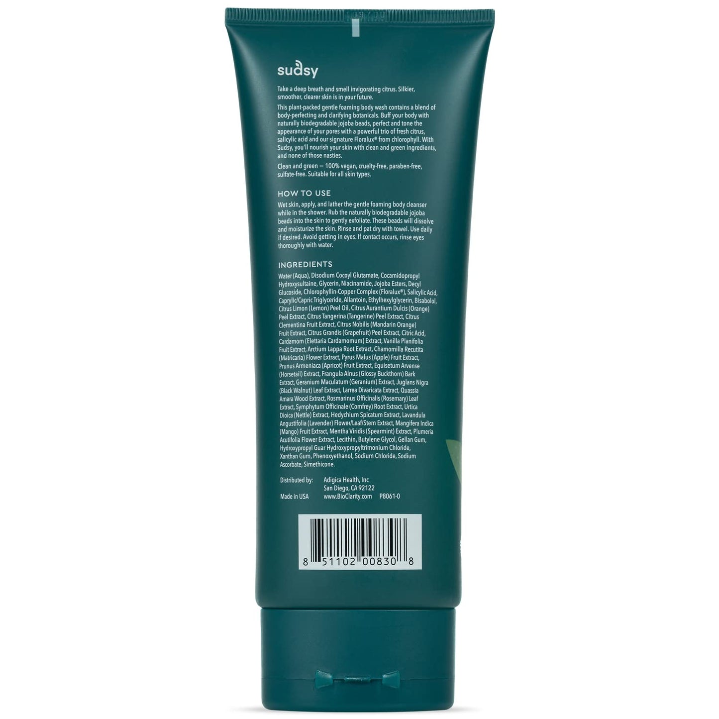 BioClarity Sudsy Body Wash | Salicylic Acid, Detoxifying Herb and Fruit Extracts to Deeply Cleanse, Exfoliate, and Moisturize | With Floralux, Jojoba & Citrus | 100% Vegan | 8 fl oz