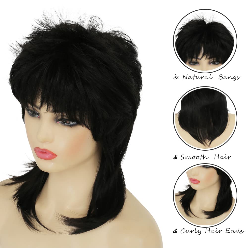 Amnenl Mullet Wig for Women Black Shoulder Length Shaggy Layered Wig Curly 80s Wigs Heat Resistant Cosplay Daily Hair Wigs (Black)