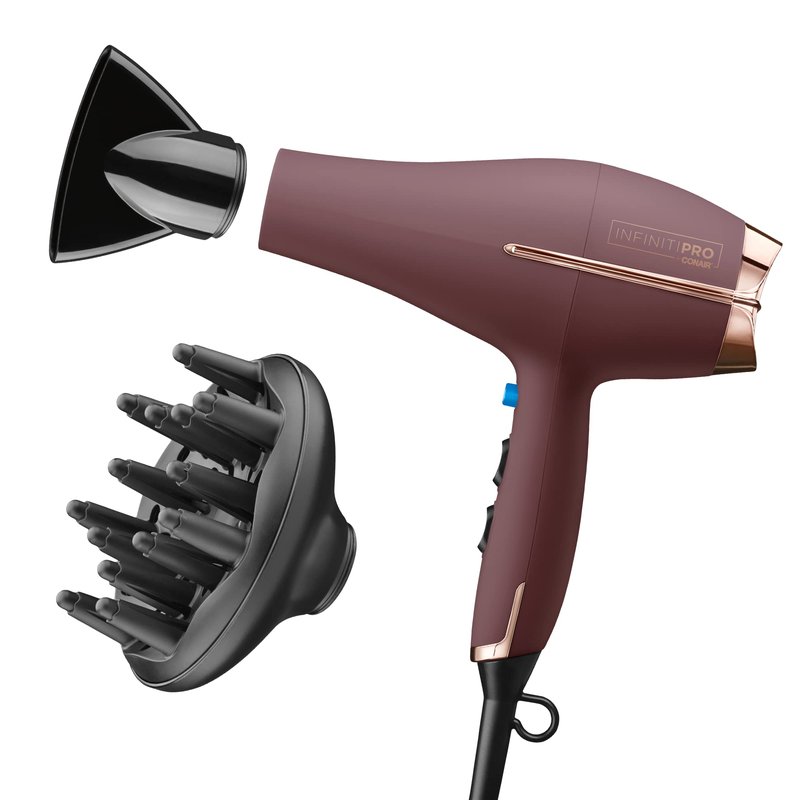 Infiniti PRO by CONAIR Hair Dryer, 1875W Blow Dryer with Diffuser and Concentrator Attachments, AC Motor with Ceramic Technology, 3 Heat & 2 Speed Settings, Plum