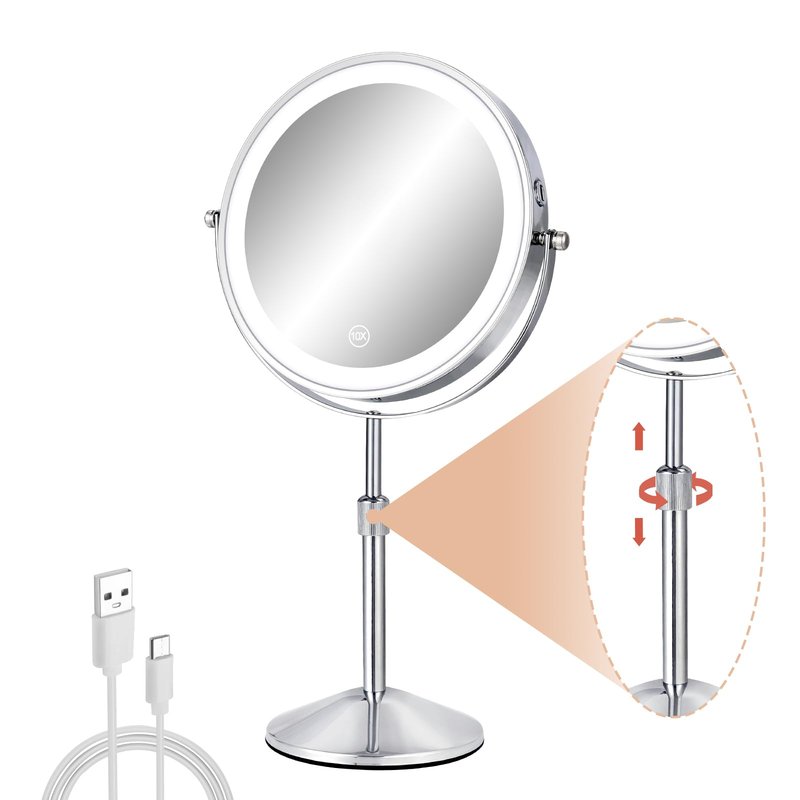 FFowcye 8" Lighted Makeup Mirror with Adjustable Height, 1X/10X Magnification, Rechargeable LED Vanity Mirror with 3 Color Modes, 360° Rotating Touch Screen, Magnifying Tabletop Cosmetic Mirror