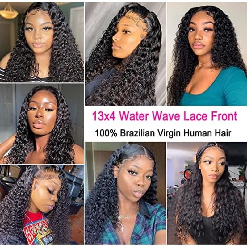 13x4 HD Transparent Water Wave Lace Front Wigs Human Hair Pre Plucked with Baby Hair 180% Density Water Curly Wave Lace Frontal Wigs for Black Women 28 Inch Natural Color