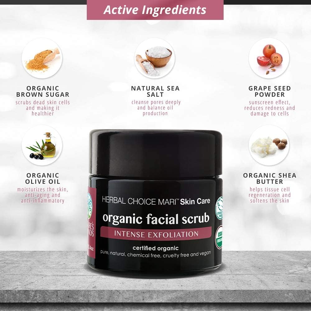 Organic Facial Scrub by Herbal Choice Mari (3.4 Fl Oz Glass Jar) - Intense Exfoliating Face Wash with Brown Sugar, Sea Salt, Shea Butter, and Grape Seed - For Dry Skin - No Toxic Chemicals