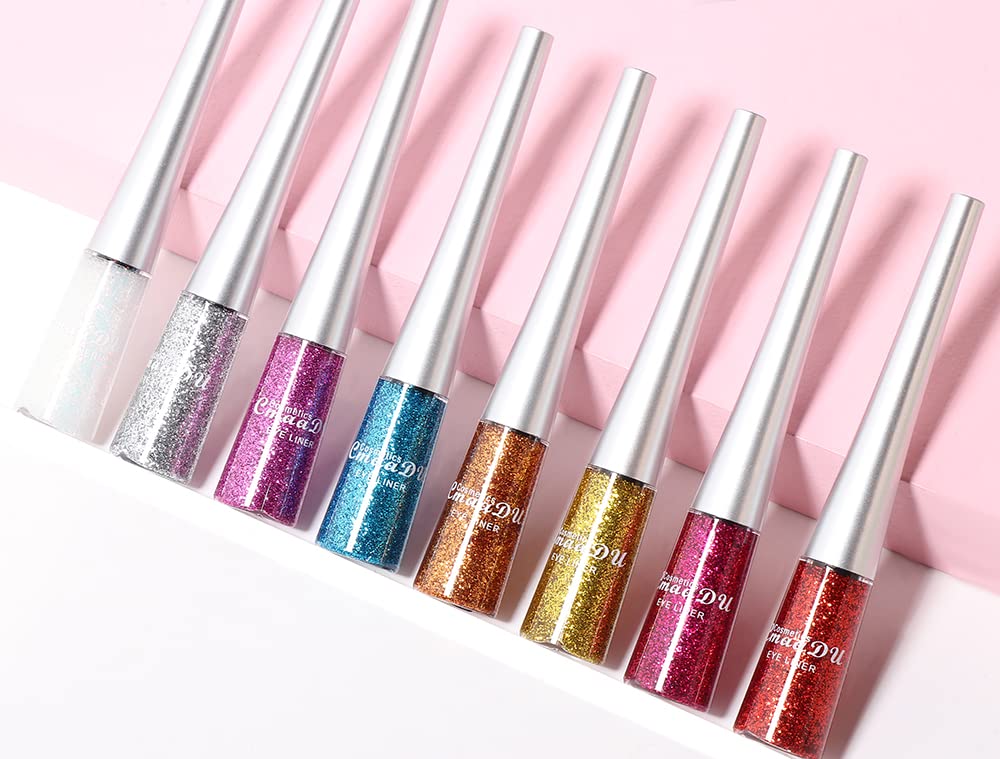 BONNIE CHOICE 16 Colors Glitter Eyeliner Liquid Set, Metallic Glitter Liquid Eyeshadow, Waterproof Long Lasting White Silver Rose Gold Pink Colorful Rainbow Eyeliners Gifts Mother's Day for Women