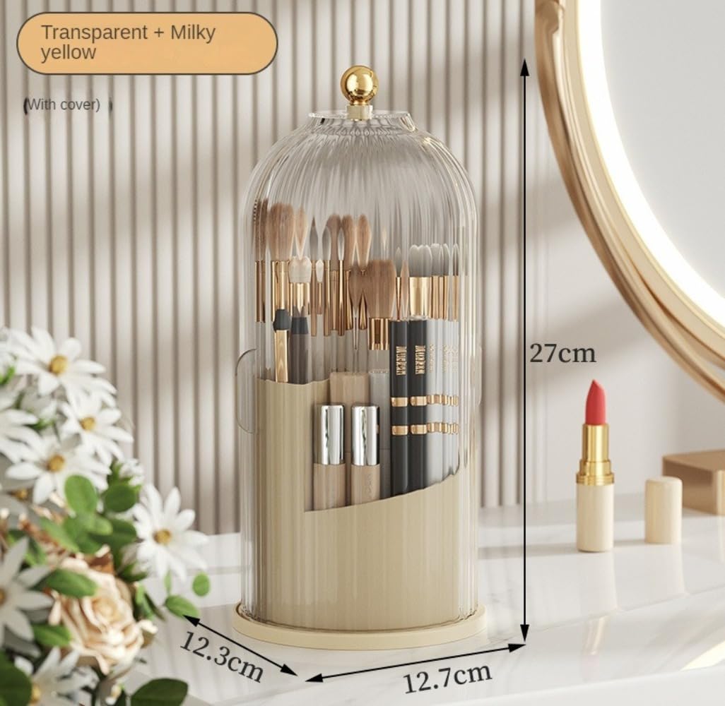 Rotating Makeup Brush Holder with Clear Lid – 360° Makeup Brush Organizer for All Brush Sizes, Durable Dustproof Storage Stand with Large Capacity, Easy to Clean, No Assembly (Milk yellow/transparent)