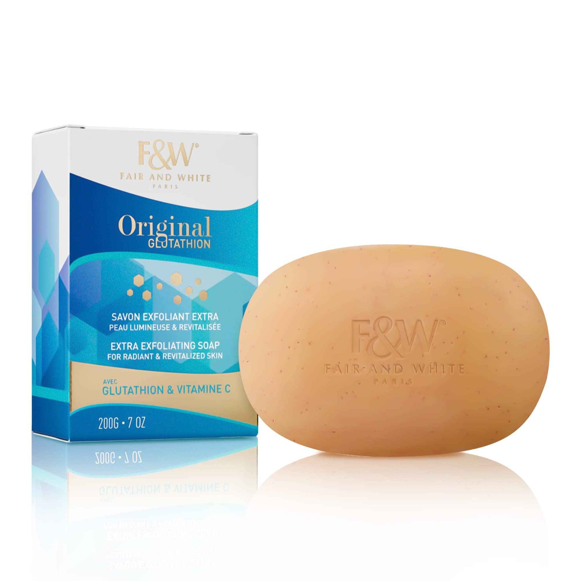 FAIR & WHITE Glutathione Exfoliating Soap 7 oz / 200g - Highly Effective to Brighten Skin Complexion and to Reduce Acne Spots, Wrinkles, with Vitamin C
