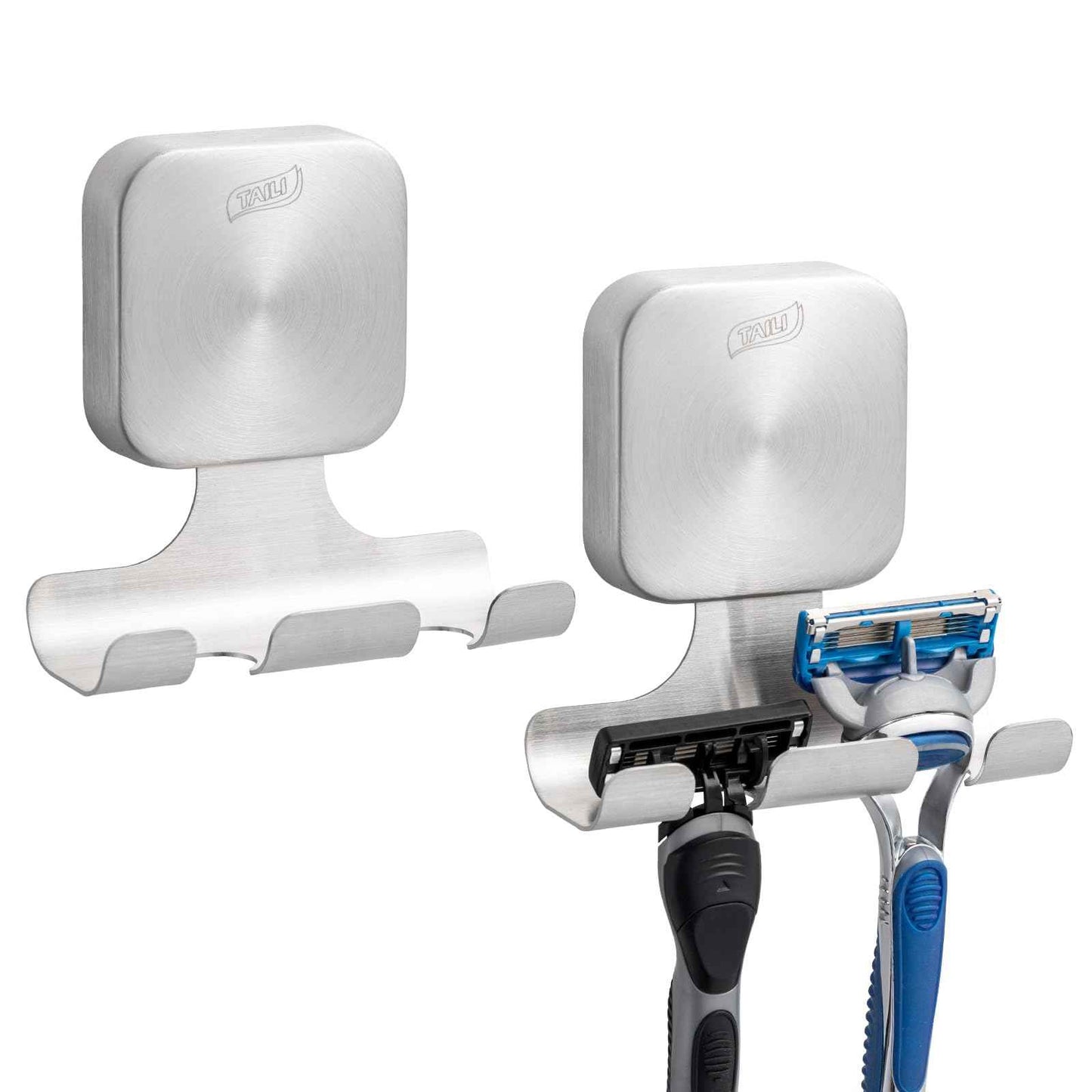 TAILI Powerful Suction Cup Razor Holder 2 Pack, Stylish 304 Stainless Steel Bathroom Suction Hooks for Towel, Loofah, Bathrobe, Shaver Holder for Shower Wall, Easy to Install and Reuse, Silver