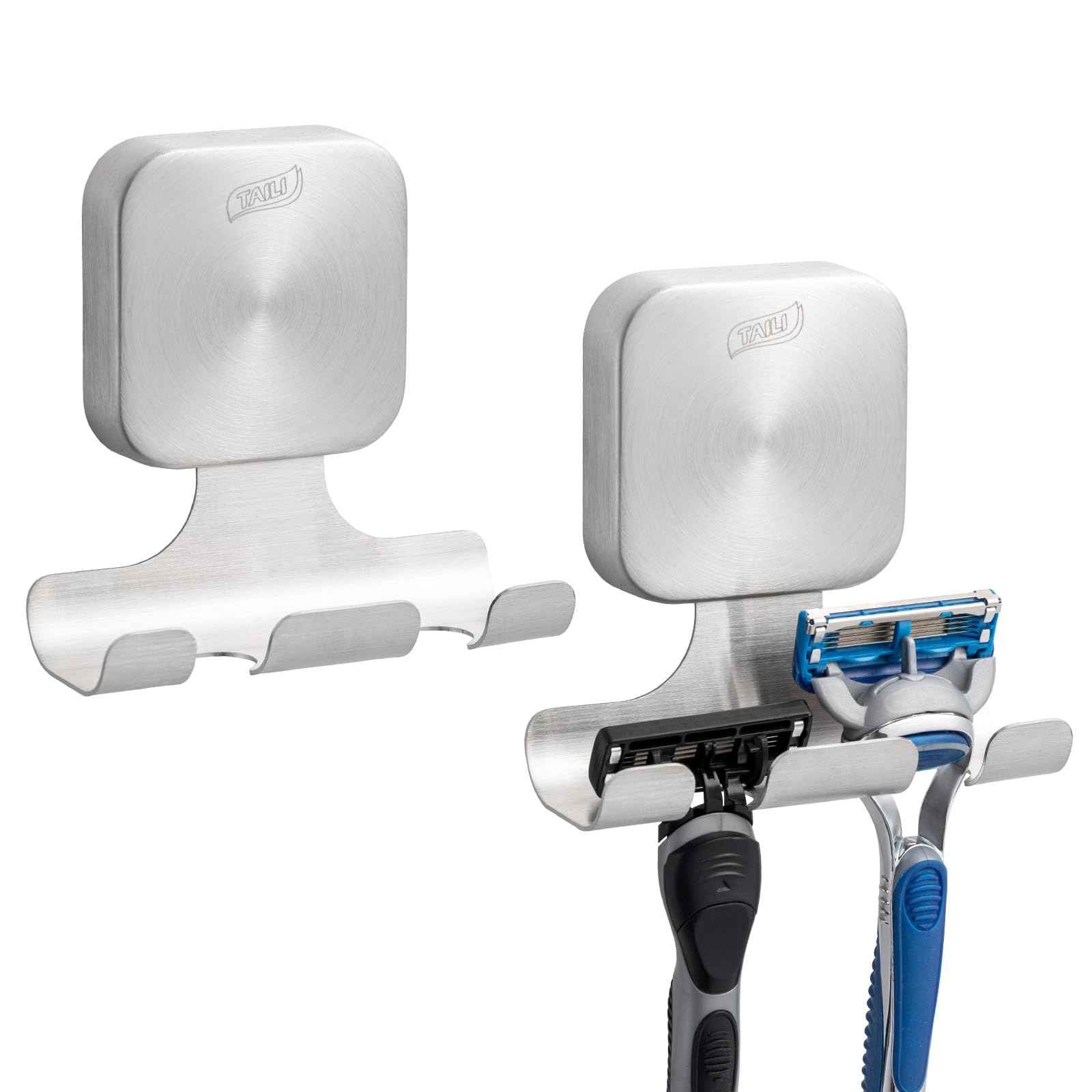 TAILI Powerful Suction Cup Razor Holder 2 Pack, Stylish 304 Stainless Steel Bathroom Suction Hooks for Towel, Loofah, Bathrobe, Shaver Holder for Shower Wall, Easy to Install and Reuse, Silver