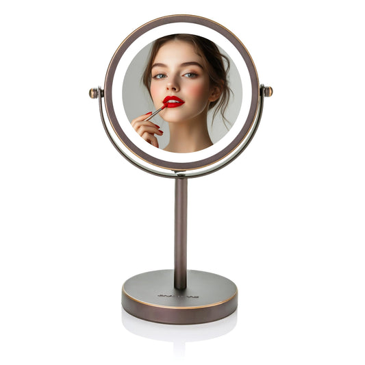 OVENTE 6" Lighted Makeup Mirror with 1X/7X Magnification, Cordless Tabletop Mount Vanity Round Mirror with 360° Swivel Design and Double Sided Cool Tone LED Ring Light, Antique Bronze MLT60ABZ1X7X