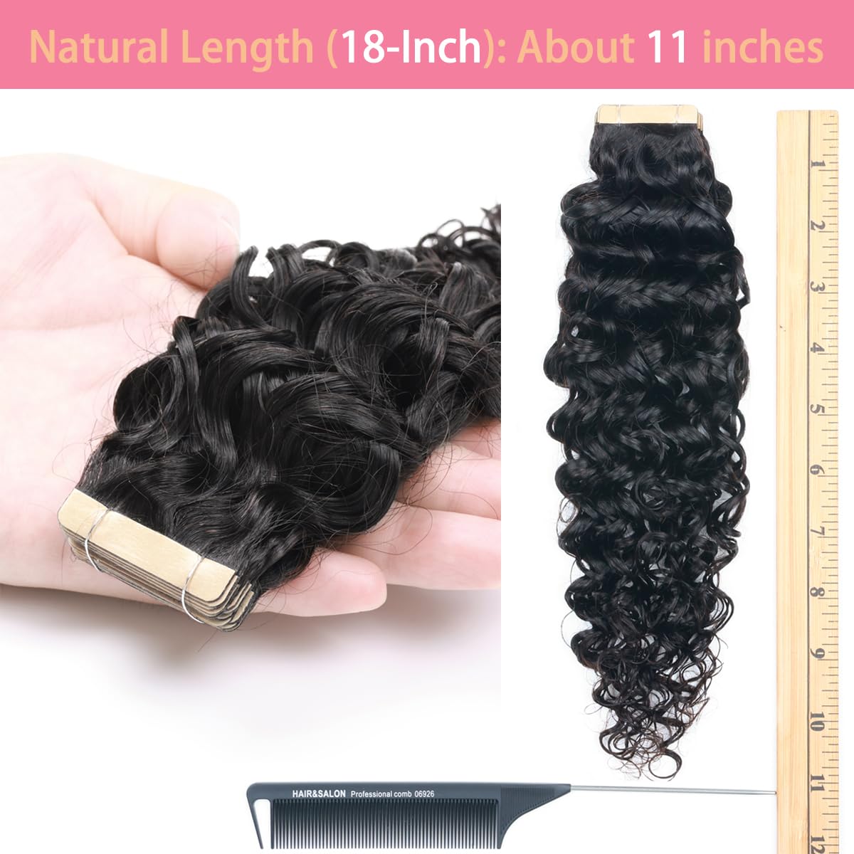 ShowJarlly Tape in Hair Extensions Human Hair 20 Pcs Curl Extensions for Women Real Hair Black Tape in Extensions Jerry Curly Tape Ins Human Hair Natural Black 18 Inch (40g)