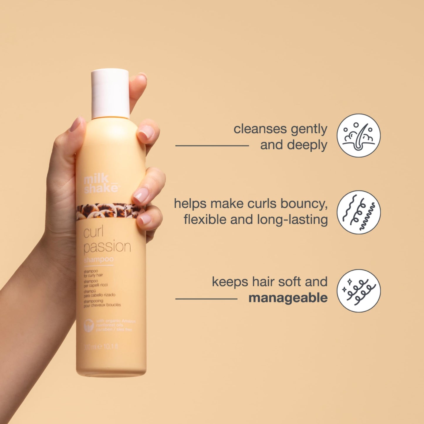 milk_shake Curl Passion Shampoo | Moisturizing Shampoo for All Curl Types | Enhances Shape, Bounce & Definition | With Babassu Oil, Praxcai Oil & Quinoa & Milk Proteins, 10.1 fl oz / 300 mL