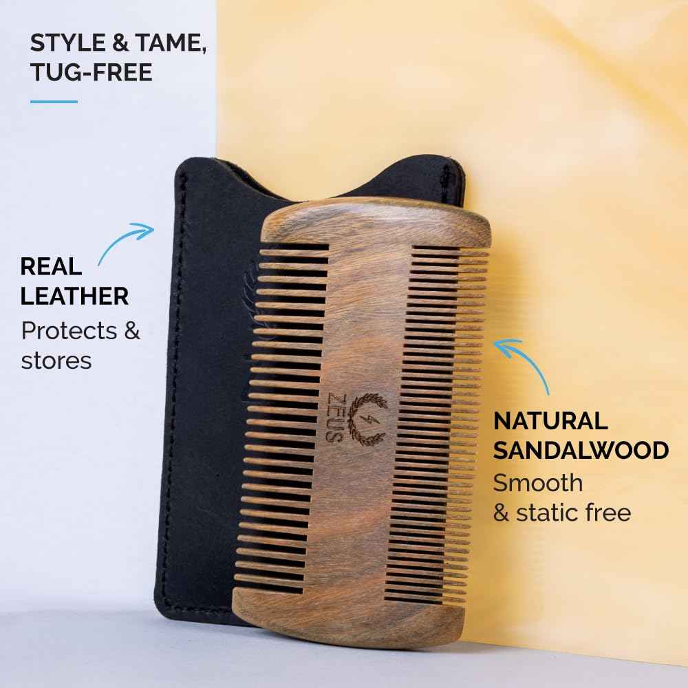 ZEUS Double-Sided Beard & Mustache Comb for Men, Natural Sandalwood Grooming Tool with Leather Case, Anti-Static & Travel Friendly (R31)