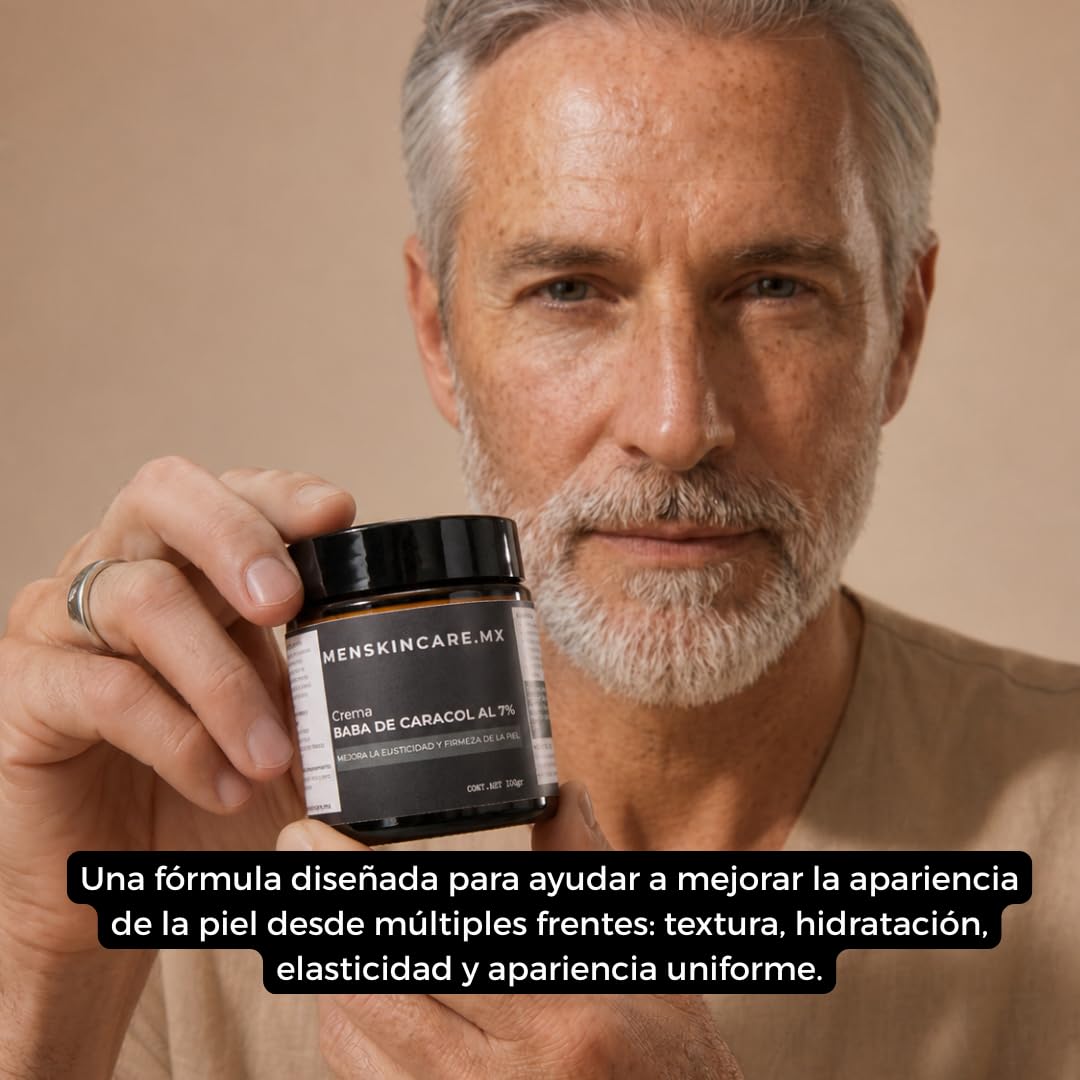 100g Snail Slime Cream for Men; regenerates damaged skin, fades blemishes, improves skin elasticity and firmness by stimulating cell renewal with 7% protein extract.