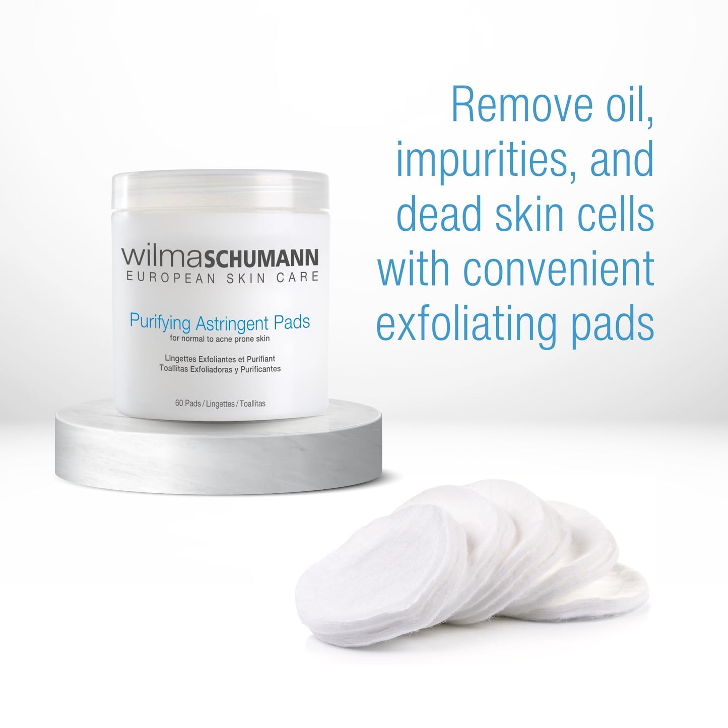Wilma Schumann Purifying Astringent Pads for Face, 60 Pack - Ideal for Oily and Acne Prone Skin - Skin Exfoliating Pads with Salicylic Acid, Glycolic Acid, and Witch Hazel - Dermatologist Tested