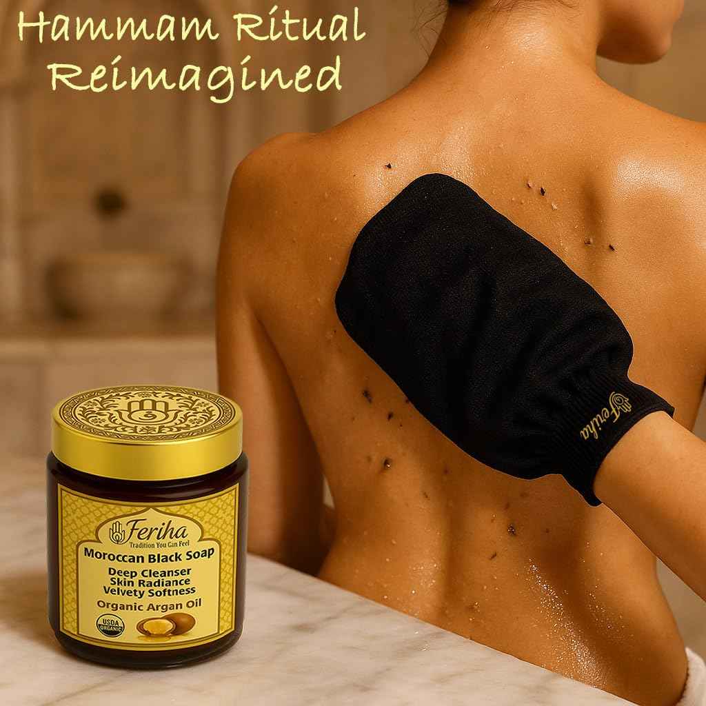 FERIHA Premium Moroccan Black Soap with Organic Argan Oil, 100% Authentic, Artisan Beldi Soap - Sourced, Crafted & Packed in Morocco - Traditional Hammam Formula