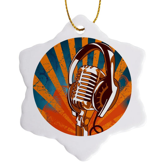 3dRose ORN_115374_1 Vintage Mic Microphone and Headphones on Grunge Halftone Rays Background Music-Snowflake Ornament, Porcelain, 3-Inch