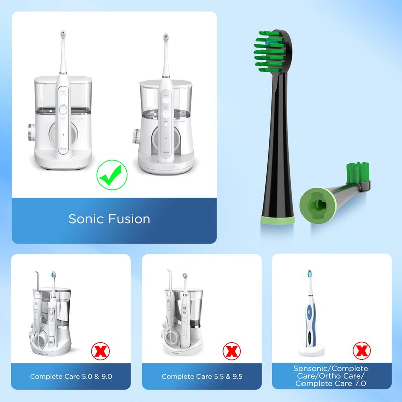 Replacement Toothbrush Heads for All Waterpik Sonic Fusion Models (SF-01, SF-02, SF-03, and SF-04 Series), Compact, with Covers, 10 Count, Black