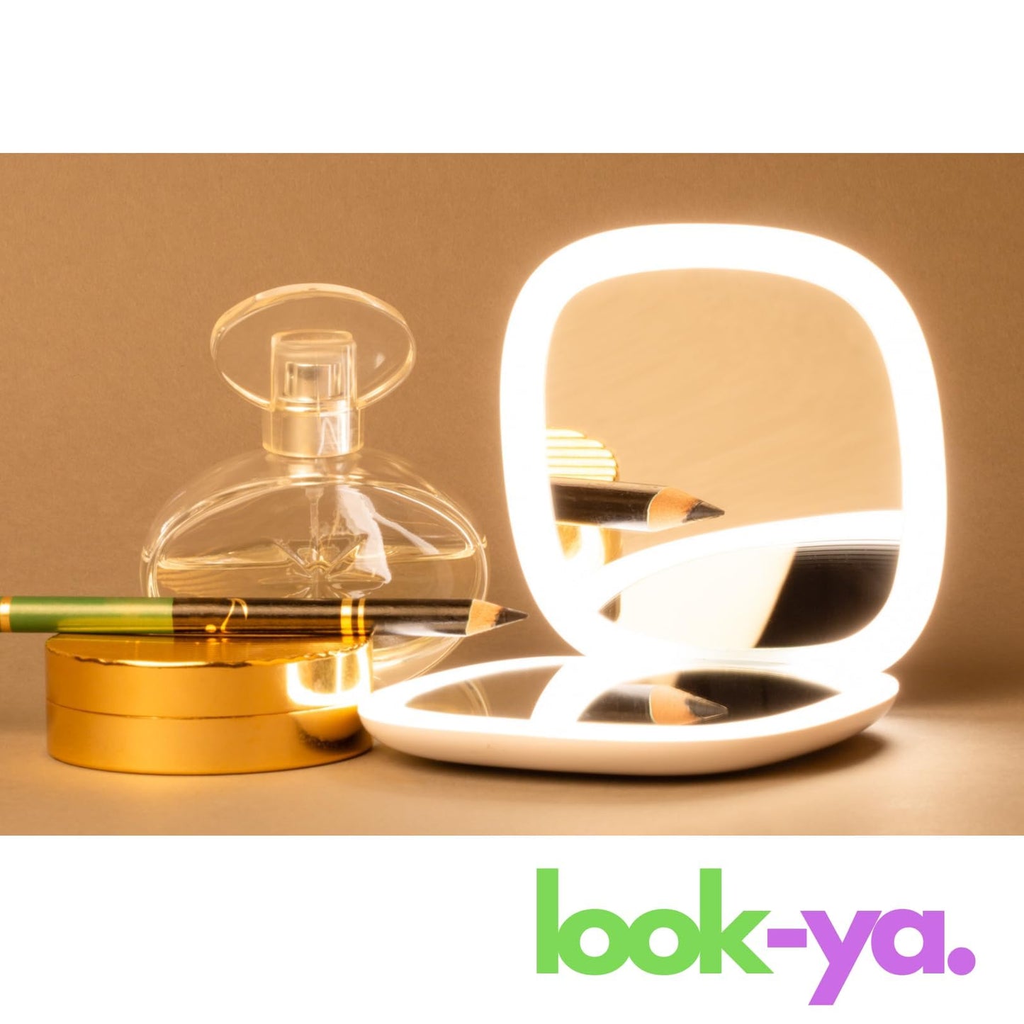 look-ya Compact LED Magnifying Travel Makeup-Mirror - 4 inches 1X/10X Magnification Small Hand Pocket Dimmable Double Sided USB Rechargeable Touch Screen, Portable Tabletop Cosmetic