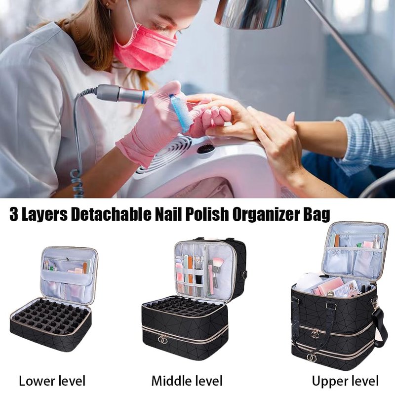 Nail Polish Organizer Bag, 3 Layers Detachable Nail Organizers and Storage, Nail Supplies Organizer, Travel Makeup Bag, Pu Leather Nail Polish Holder Carrying Case Box Holds 84 Bottles & nails Lamp