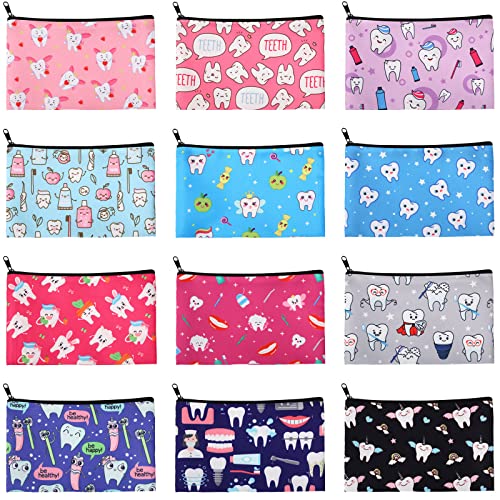 12 Pieces Teeth Makeup Bag Cute Cosmetic Bag for Nurse Women Dental Dentist Gift Colorful Toiletry Bag Multifunctional Polyester Bag with Zipper Teeth Printed Accessories (7.09 x 4.33 Inch)