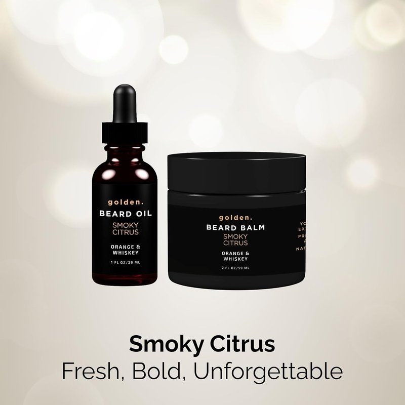 Golden Grooming Beard Bundle - Natural Growth Kit with 2oz Balm & 1oz Oil | Shea Butter Conditioner, Smoky Citrus