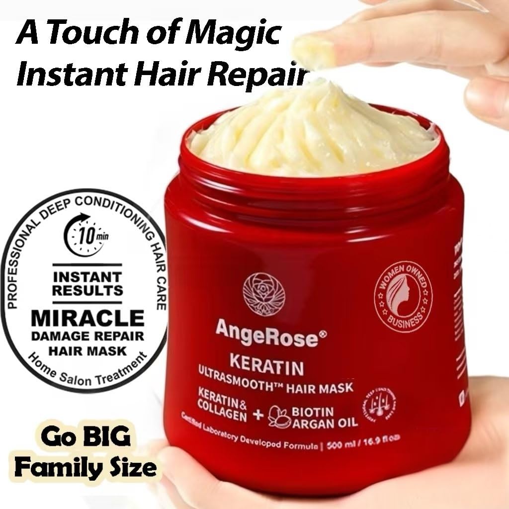 AngeRose Keratin Hair Mask with Collagen & Argan Oil – Deep Conditioner Treatment for Dry Damaged Hair Repair – Hydrating & Strengthening Cream for Color Treated 16.9 Oz (500ml)
