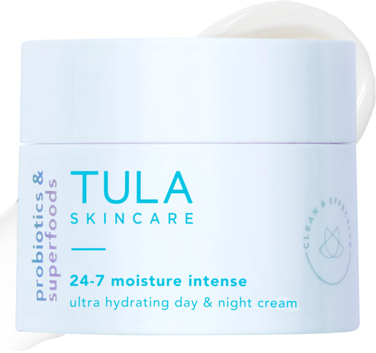 TULA Skin Care 24-7 Moisture Intense Ultra Hydrating Day & Night Cream - Travel-Size, Ultra Nourishing Moisturizer for Face. Soothe Skin, Maintain Skin Balance & Improve Skin Smoothness, 0.5 oz.